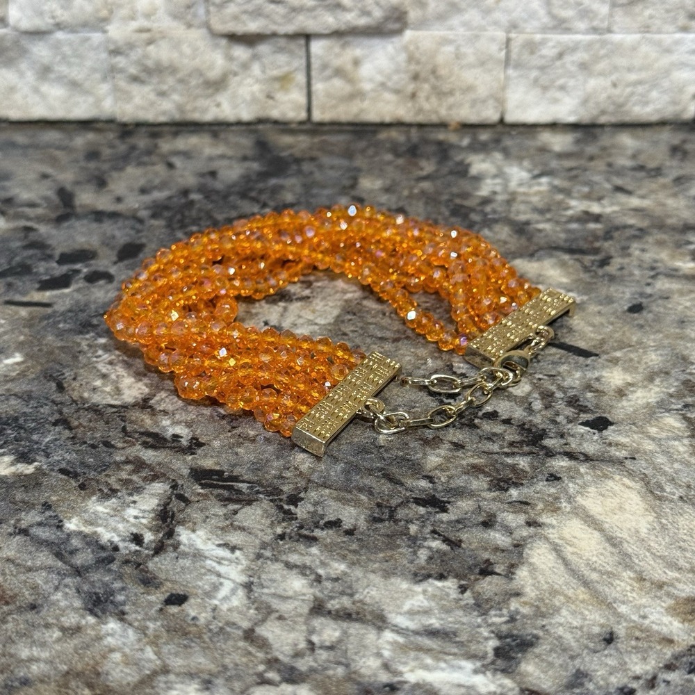 Vintage Multi‎ strand bracelet Round Glass beads Orange Aurora borealis Shimmer